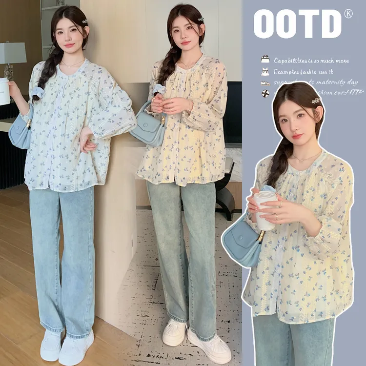 2025新款春季孕妇韩版显瘦提花褶皱甜美碎花娃娃衫上衣圆领外穿