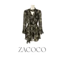 【ZACOCO】禅意早秋感性感高腰修身气印花收腰衬衫领通勤连衣裙3242
