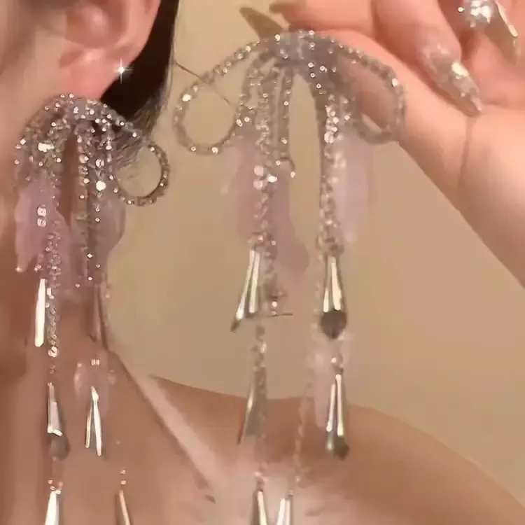 铜合金合成锆石耳饰 碎梦琉璃~金属蝴蝶结流苏耳环女个性耳饰