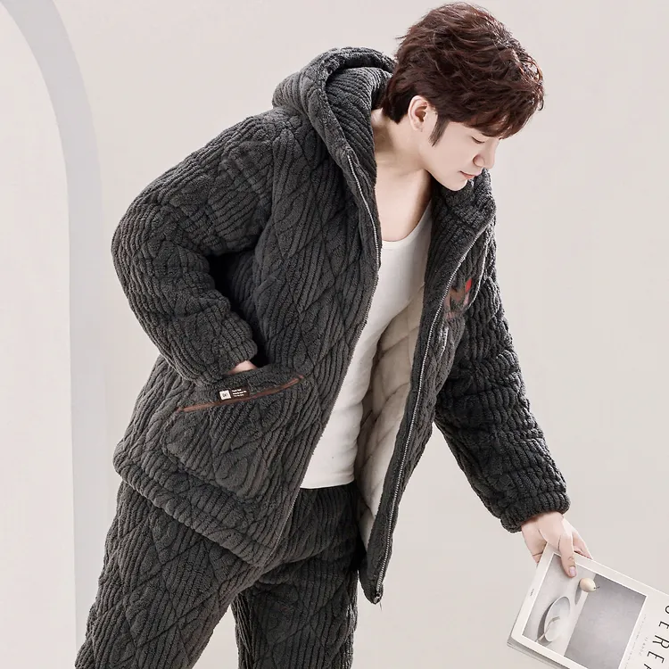 男士睡衣冬季加厚三层夹棉衣保暖可外穿珊瑚绒冬款连帽套装家居服