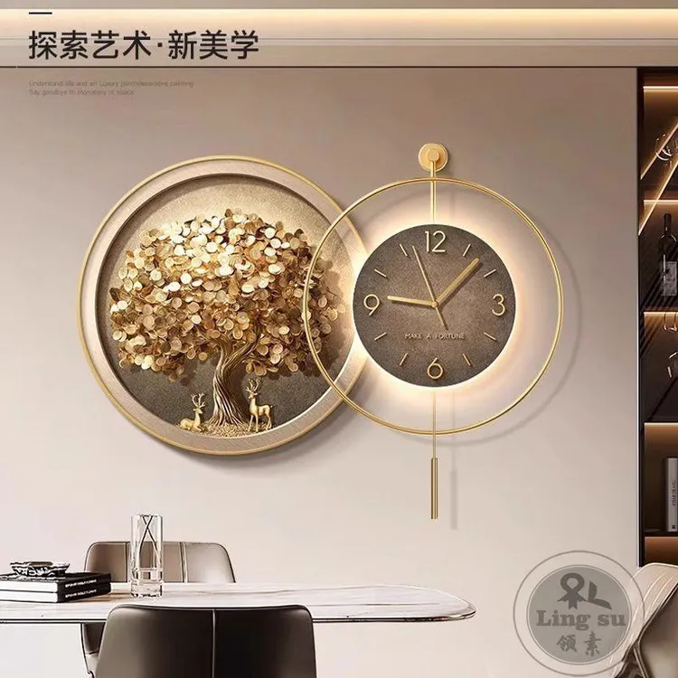 发财树餐厅装饰画带钟表现代轻奢餐桌背景墙挂钟饭厅客厅时钟壁画