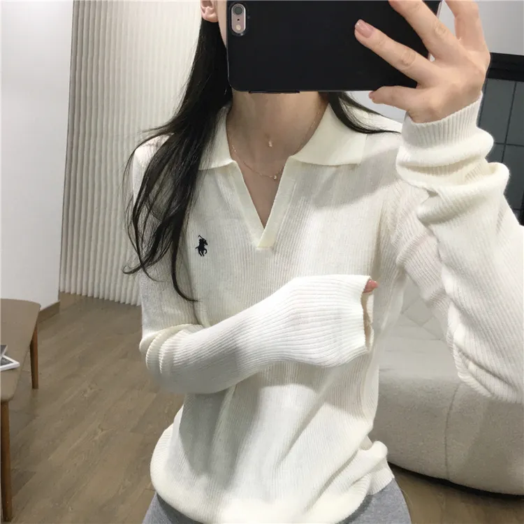 韩系学院风~！软糯细腻羊毛polo领坑条针织衫早秋修身小马刺绣上衣