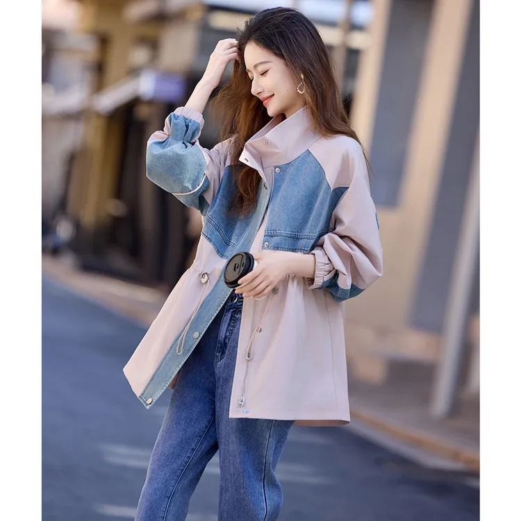 尚静港风复古牛仔拼接撞色外套2025春季新款小个子洋气高级感风衣