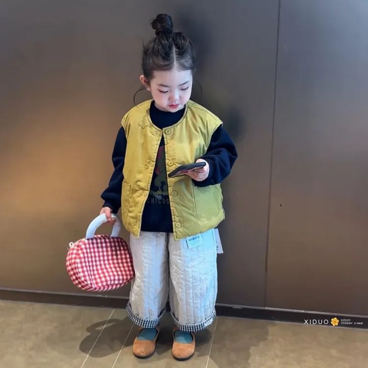 韩国童装儿童马甲2025新款秋冬男女童夹棉中厚卡通格子两面穿外套