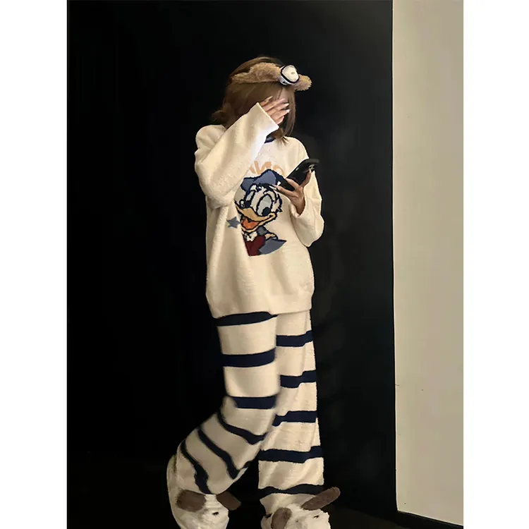 韩版唐老鸭半边绒睡衣女款2025新款可外穿保暖加绒加厚家居服套装