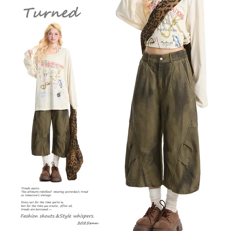 300斤大码女装美式复古做旧脏染工装七分裤女夏季胖mm褶皱七分裤