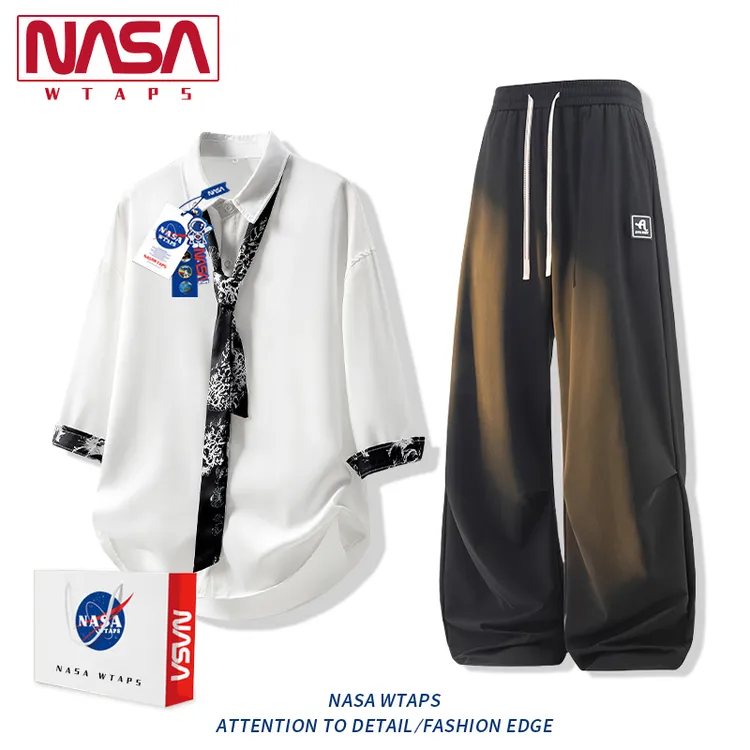 NASA WTAPS衬衫休闲裤套装男款夏春秋季学院风七分袖领带一整套装