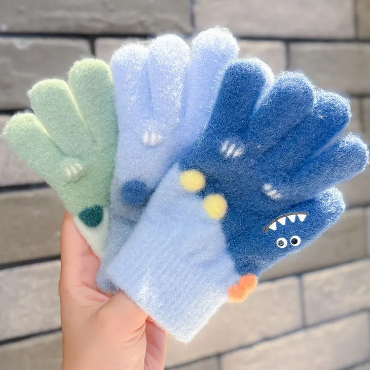 儿童手套五指冬针织学生全指女童宝宝卡通可爱男童小孩加厚保暖LX