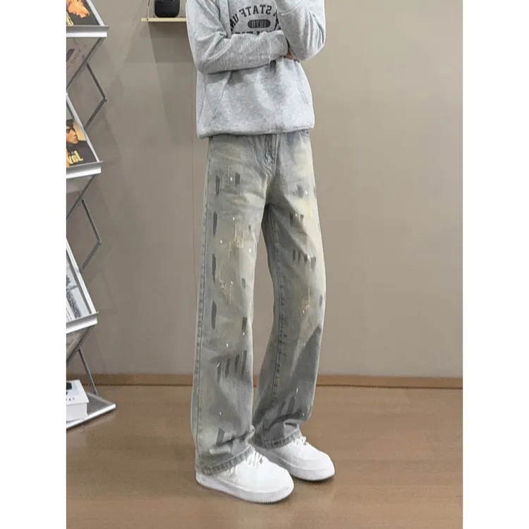猫爪痕泼墨水洗牛仔裤男款秋季美式vintage扎染裤子显瘦直筒长裤