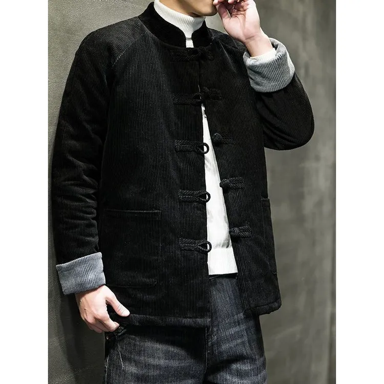 秋冬加绒唐装男青年加厚灯芯绒外套中山装中国风加厚加绒盘扣外套