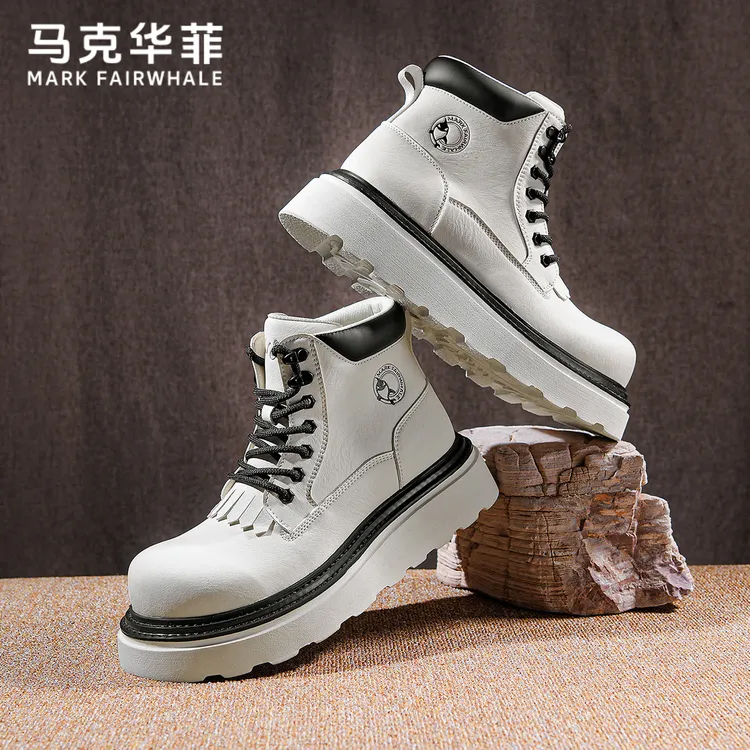 马克华菲2025新款厚底马丁靴男款高帮内增高男士工装靴子白色男靴