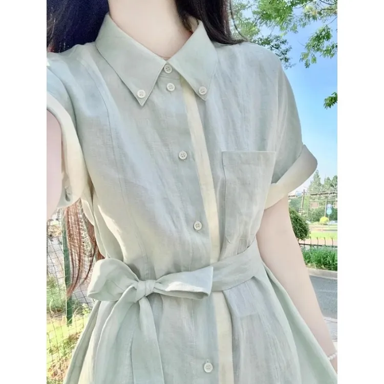 复古撞色亚麻短袖衬衫连衣裙女夏季慵懒气质高级感绑带衬衣长裙子
