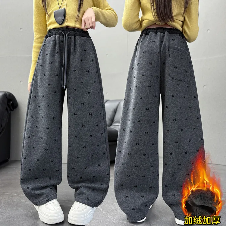 女童秋冬加绒裤子2025新款中大童洋气冬季休闲裤大儿童百搭直筒裤