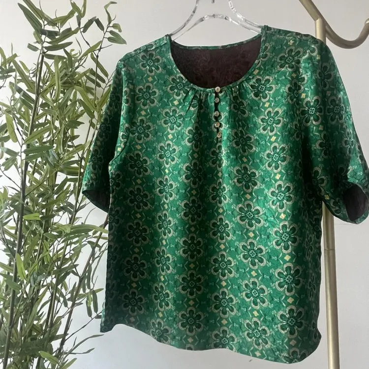 8081新中式水墨风排扣短袖百搭复古提花