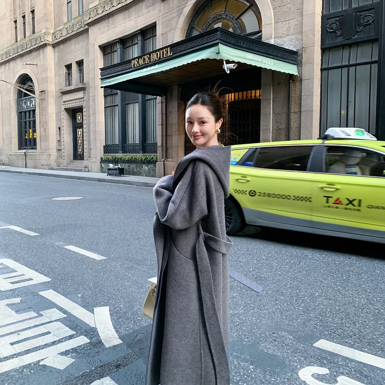 宽松连帽双面羊绒大衣女新款韩版高级设计感休闲慵懒风毛呢子外套