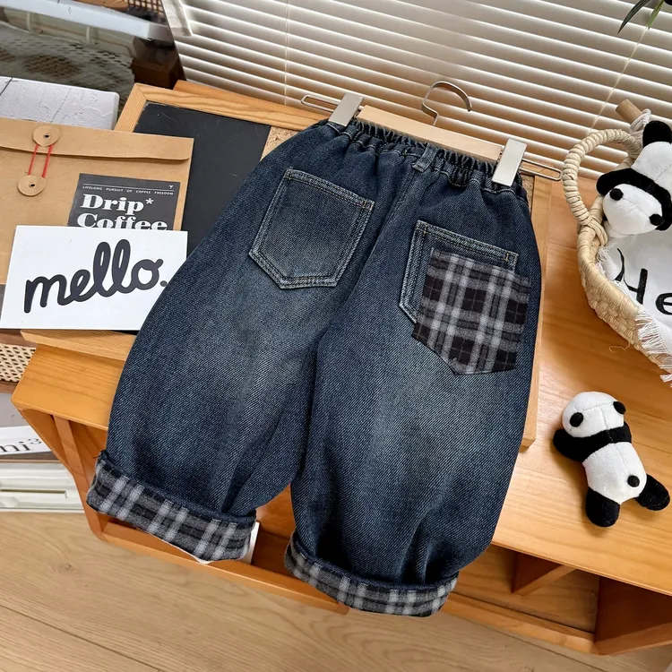 儿童加绒软牛仔男童一体绒裤女宝加绒长裤童装宝宝格子直筒裤加厚