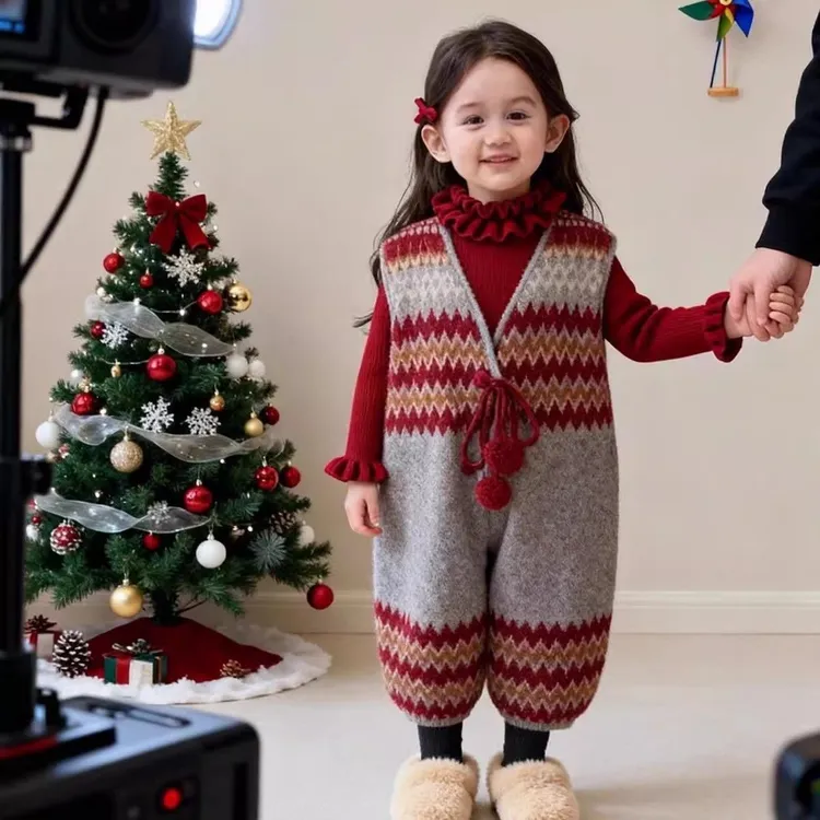 女童套装秋冬新年红色婴幼儿衣服女宝宝背带裤针织毛线裤宝宝毛衣