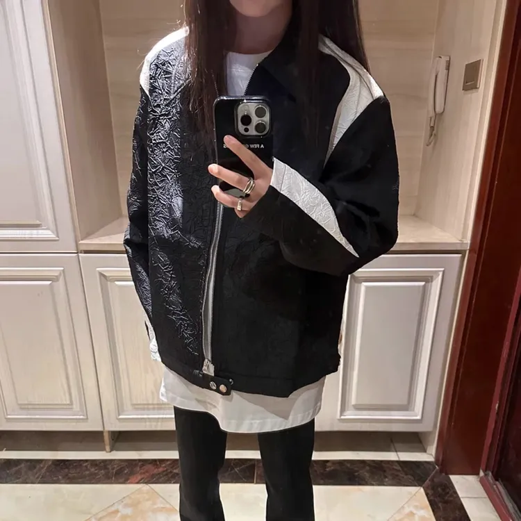 美式复古设计男女休闲夏季黑白褶皱拼接尼龙垫肩夹克外套