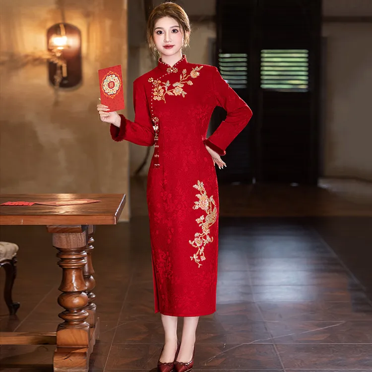 高级感新中式敬酒服红色加绒加厚冬装旗袍女新娘订婚结婚宴会礼服
