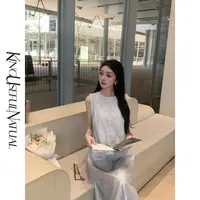 KUN【风间蓝】轻盈灵动 经典圆领天丝珠片绣花纹清新连衣裙