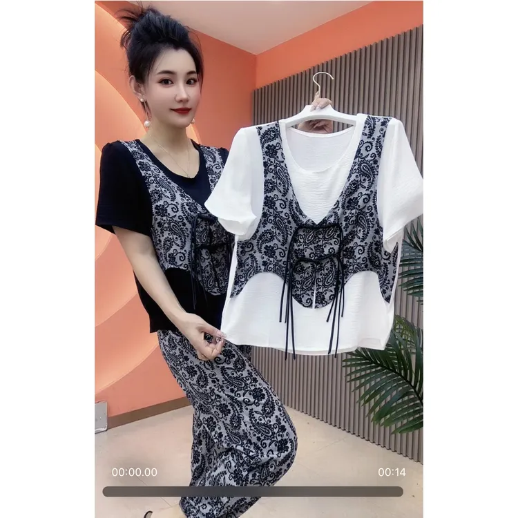 7788女士夏季时尚凤尾假三件套（假两件上衣+裤子）