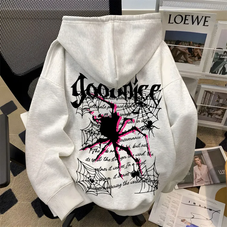 重磅美式街头蜘蛛印花连帽卫衣男女秋冬季百搭宽松型休闲加绒外套