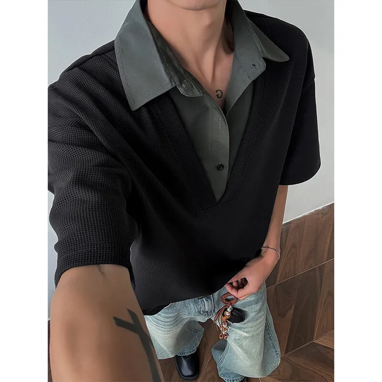 夏季重磅半开衫假两件短袖t恤polo领高级感半袖cleanfit黑灰百搭
