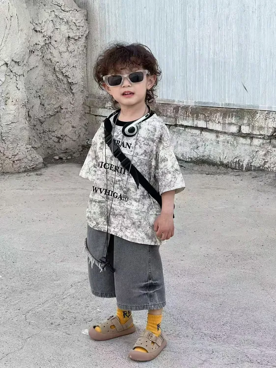 2025夏季新款短袖T恤牛仔短裤韩版男童洋气潮裤新款