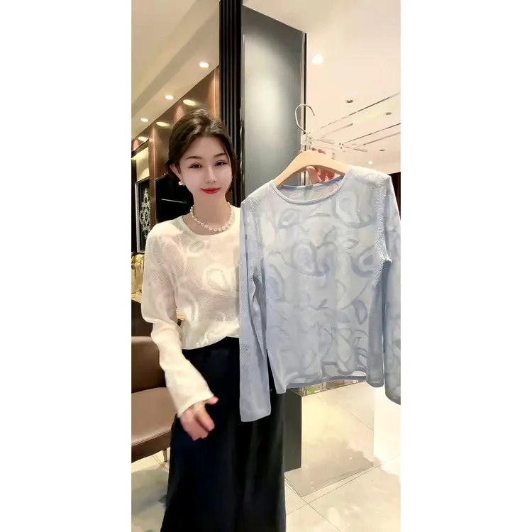 欧货新款2025年微透提花薄款枝叶图案长袖针织衫