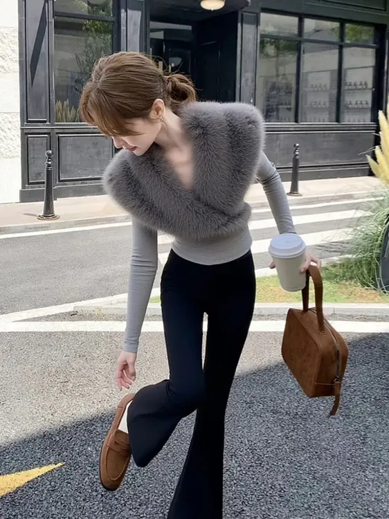 SS6013超好看内搭打底衫女设计感独特漂亮灰色毛毛边拼接T恤上衣