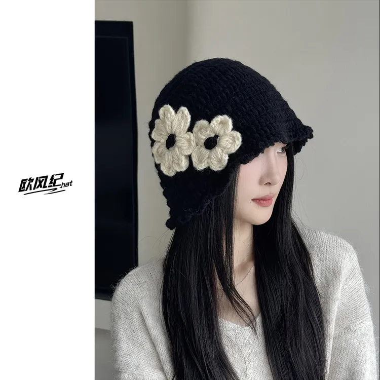 花朵针织渔夫帽女秋冬季韩版显脸小黑色水桶帽大头围保暖毛线帽子
