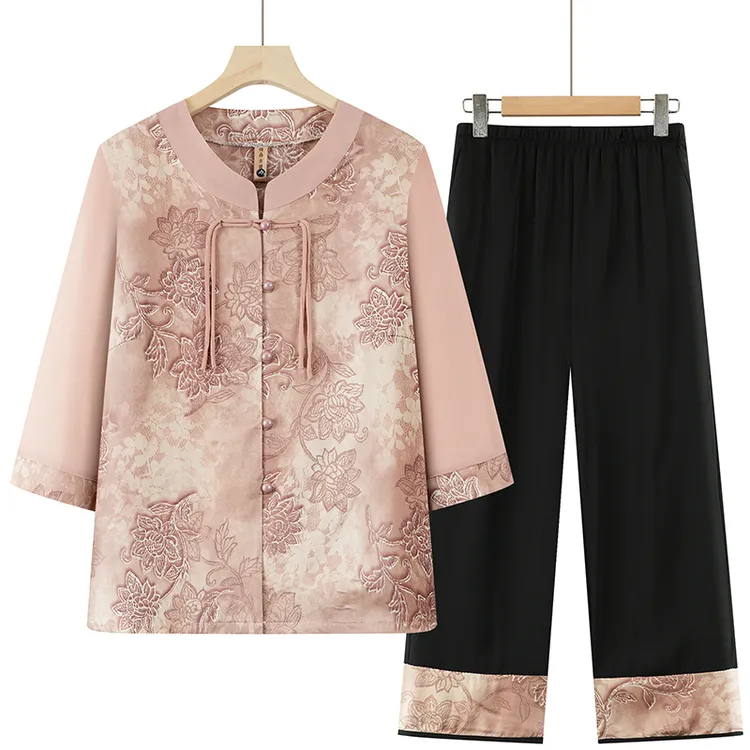 气质奶奶套装中老年人七分袖雪纺衬衫夏季新款老人衣服宽松两件套