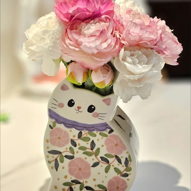 小猫花瓶陶瓷可爱卡通猫形插花器创意摆件彩色家居摆件