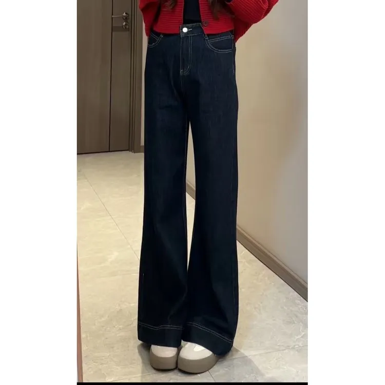 小个子复古丹宁蓝休闲宽松阔腿牛仔裤女新款高腰垂感微喇拖地长裤