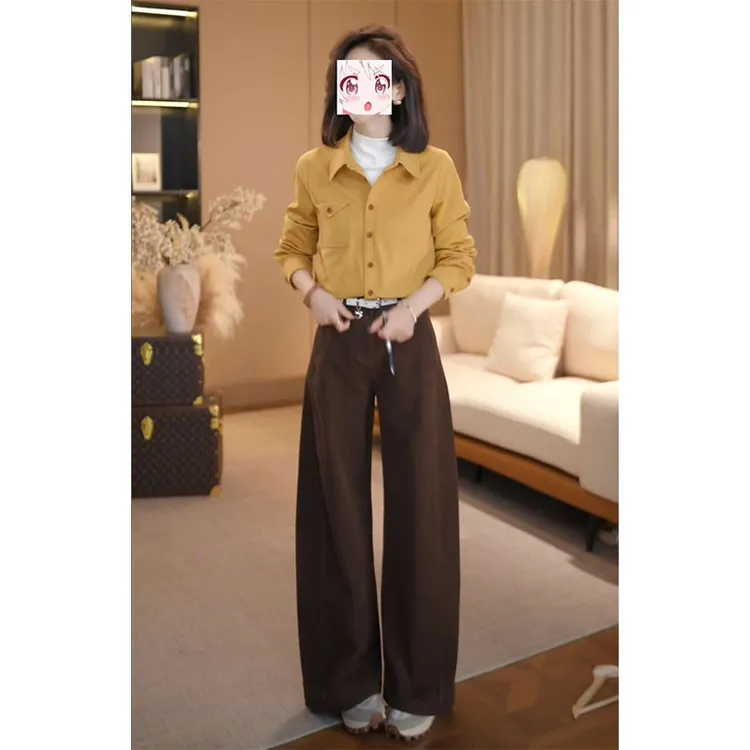 简约韩版时髦气质polo领长袖衬衫垂感直筒裤子2025秋季复古两件套