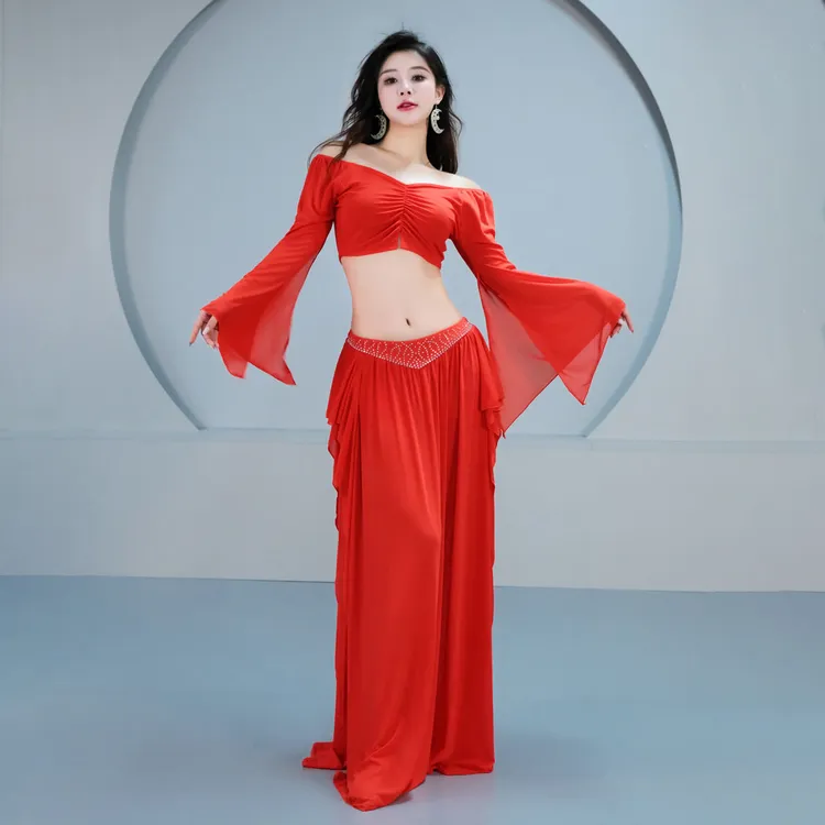  肚皮舞服装2025夏东方舞套装长袖练功服仙气荷叶飘带练习班服