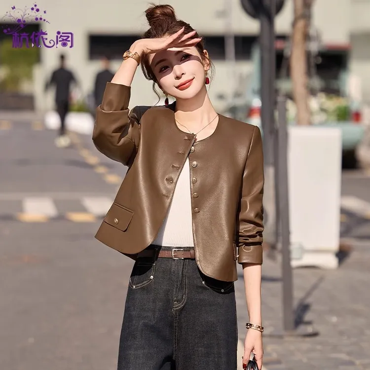 小皮衣外套女短款2025新款春秋气质复古洋气休闲圆领PU皮夹克上衣