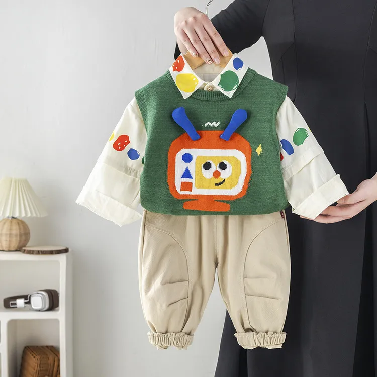 儿童婴儿新款2025秋季洋气小童衣服卡通毛衣马甲三件套透气A类安