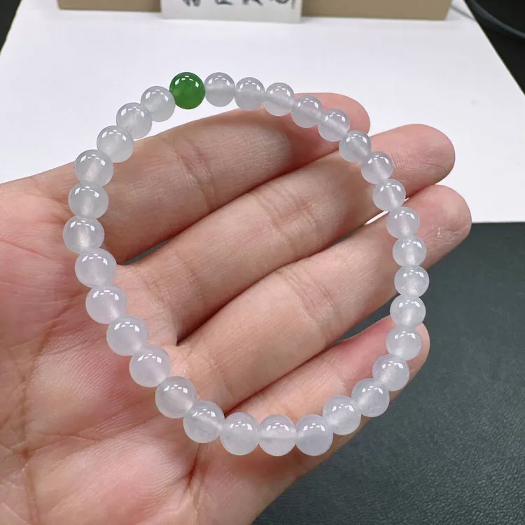 1040天然A货翡翠卡5.8mm老坑冰种白月光圆珠单圈女士手串