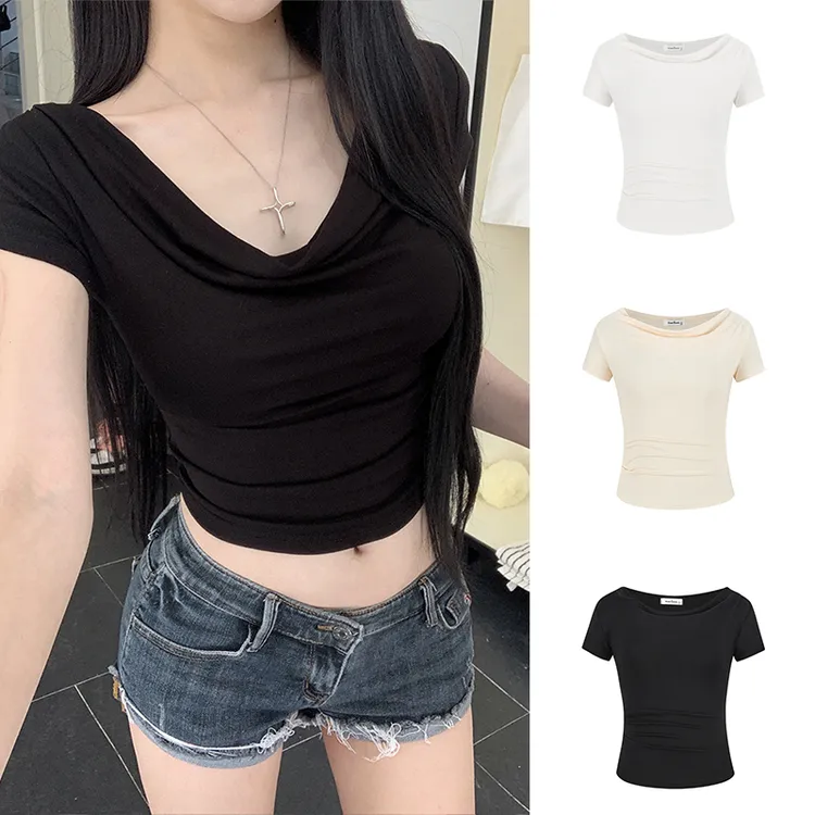 Moses Queen/魔西女王法式一字肩短袖T恤设计感褶皱修身收腰上衣