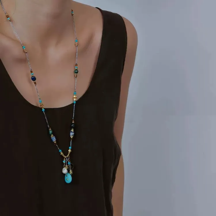 黄铜石英石吊坠 复古石头吊坠独特民族波西米亚风手工串珠毛衣链