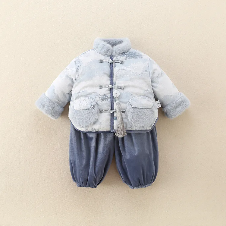 汉服男童套装秋冬装男宝宝新中式唐装儿童国风加绒夹棉两件套冬季