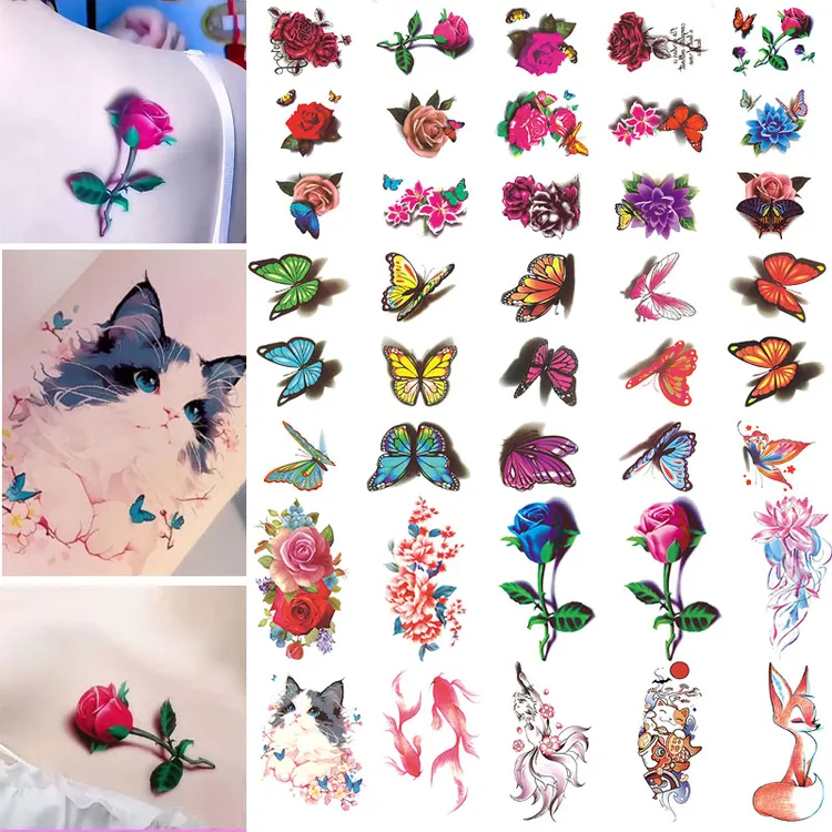 ins风女生防水持久可洗3D立体花朵蝴蝶纹身贴个性时尚逼真流行