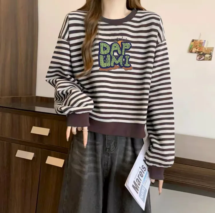 舒适百搭长袖T恤上衣女早秋大码胖mm休闲简约长袖条纹卫衣打底衫