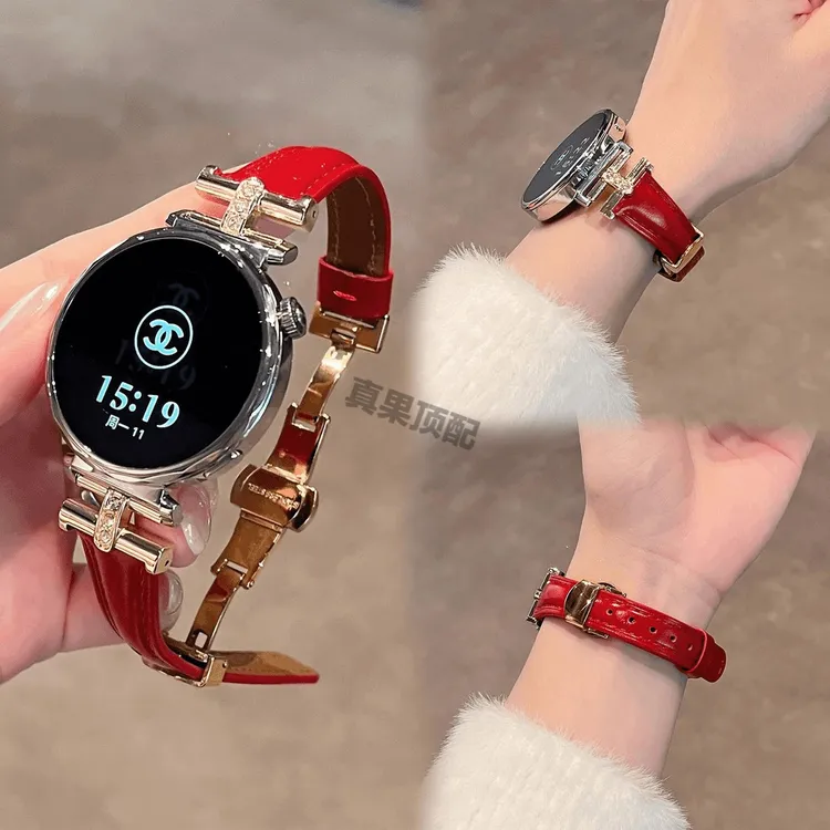 适用华为真皮凯旋门镶钻蝴蝶扣手表表带gt3gt4progt5watch5高级感