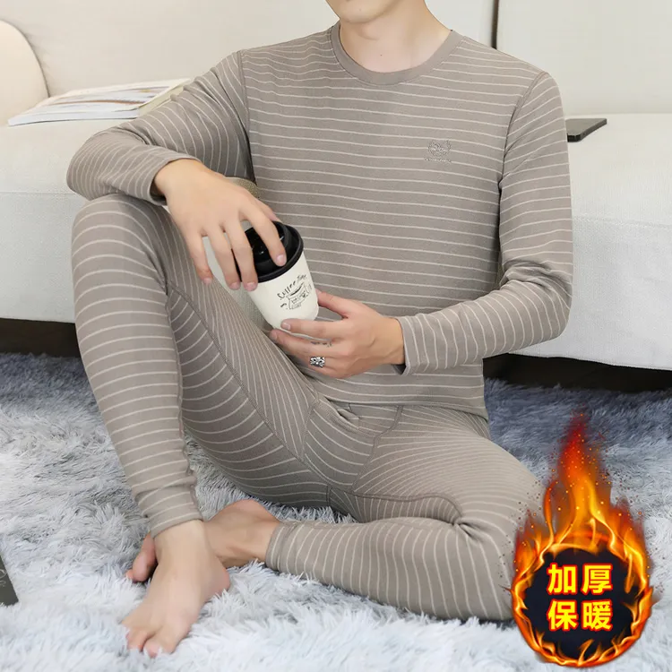 德绒保暖内衣套装男士条纹内穿打底中青年加绒加厚秋衣秋裤两件套