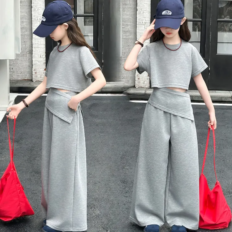 女童夏季运动套装2025新款大童女装洋气时髦短袖阔腿裤潮酷两件套