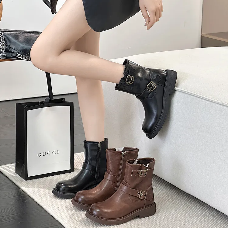 昔子100马丁靴短靴切尔西靴厚底英伦风加绒秋冬圆头侧拉链靴子