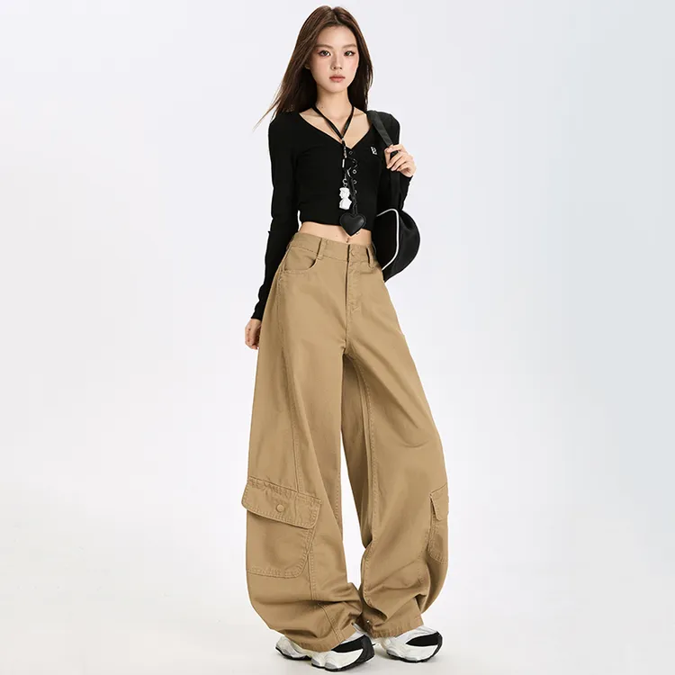 设计感美式复古辣妹弯刀裤百搭显瘦多口袋阔腿工装休闲裤阔腿裤