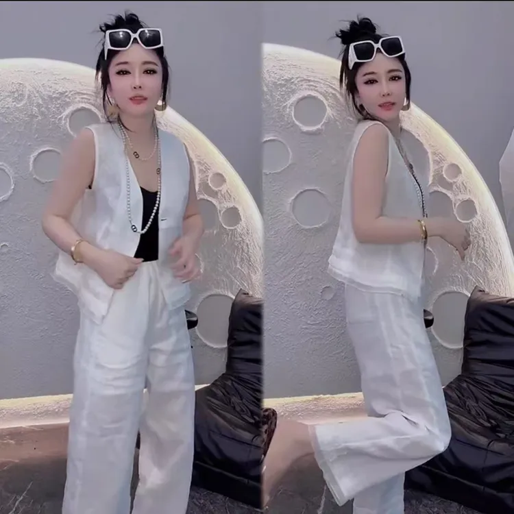 轻奢时尚套装短裤夏2025季新款爆款白色潮流显瘦气质马甲八分裤